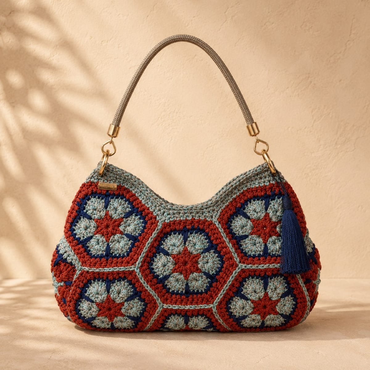 Bolsa de crochê Boêmia na cor Ferrugem & Marinho — Bolsa hobo feita à mão