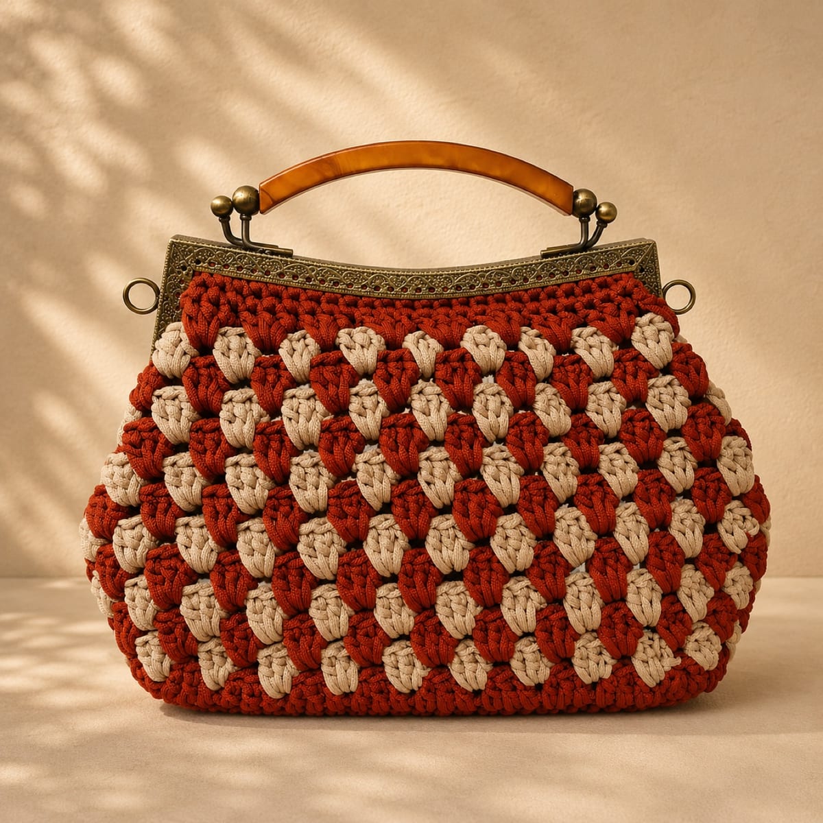 Bolsa de crochê Sahara na cor Terracota & Cru — Bolsa de moldura feita à mão